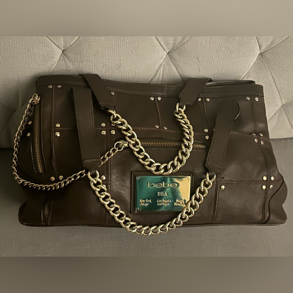 Brown Leather Patch Bebe Bag W Chains - image 1